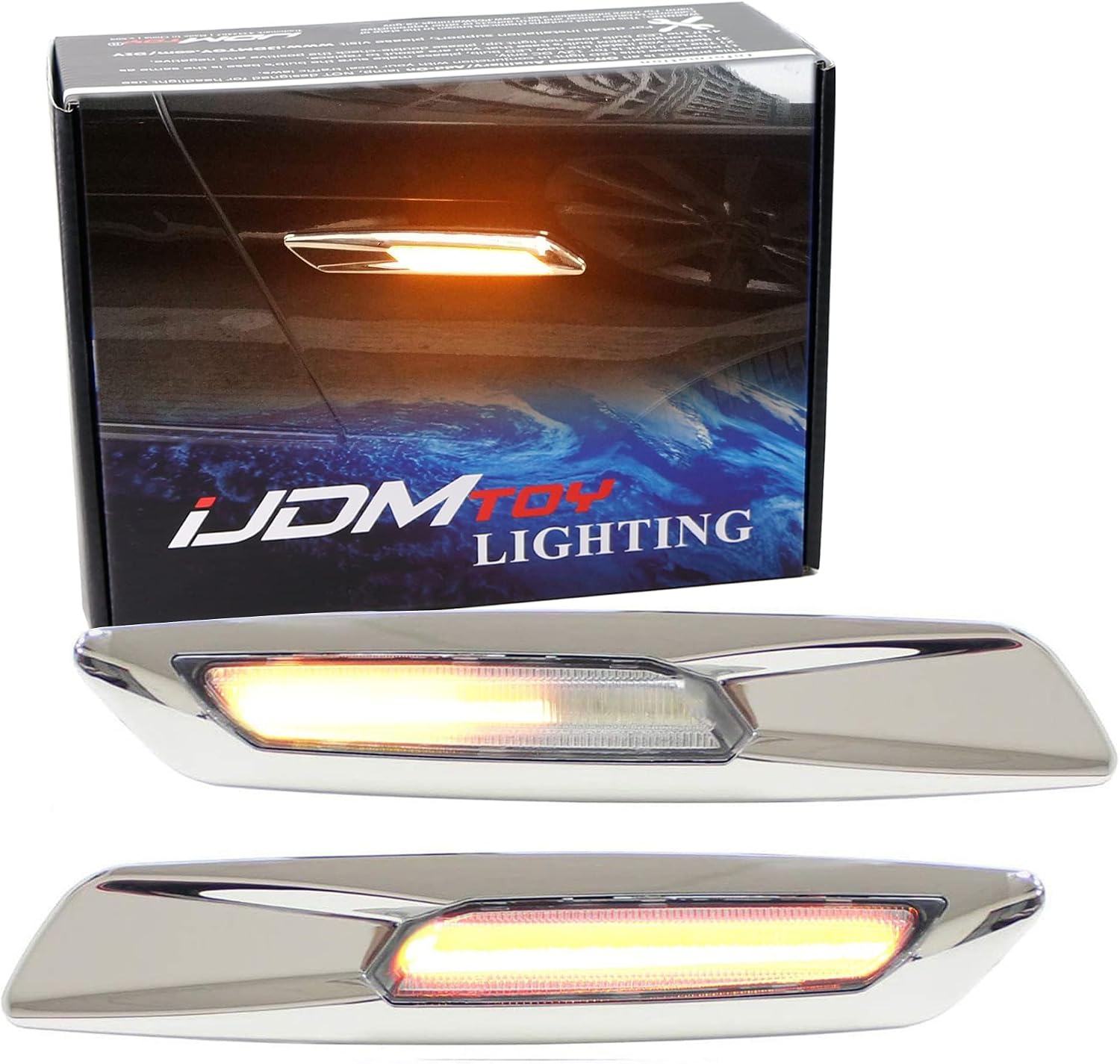 iJDMTOY F10 Style Large Chrome Plated Amber Full LED Sequential Blink Fender Turn Signal Side Marker Light Kit Compatible with BMW 1 3 5 Series X1, Replace OEM Sidemarker Lamps