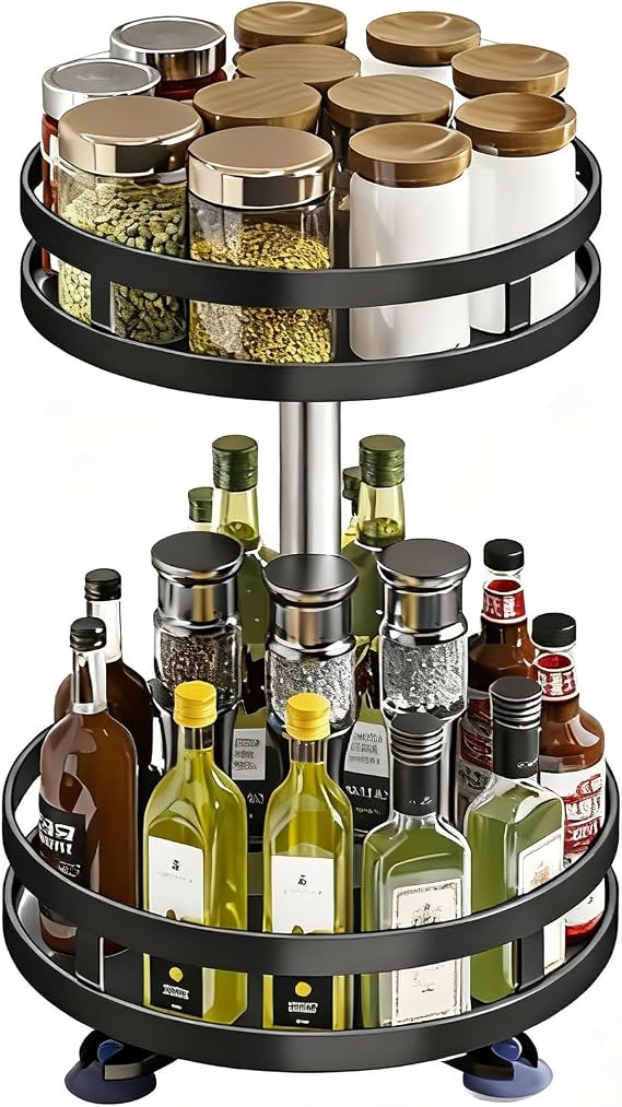 Lazy Susan Organizer Rotating Spice Rack, 2 Tier Adjustable 360° Rotating Metal Lazy Susan Turntable，for Cabinet Pantry Kitchen Bathroom Floor Bathroom Vanity Storage, Black