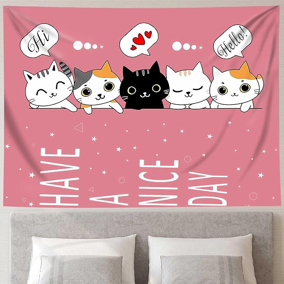 Pink Cat Posters Wall Cute 60X40 Tapestry For Bedroom Hot Pink Cartoon Animal Cats Fun Tapestry Wall Hanging Decor Ceiling Wall Tapestries For Home Decor Cute Anime Room Tapestry For Teen Girls