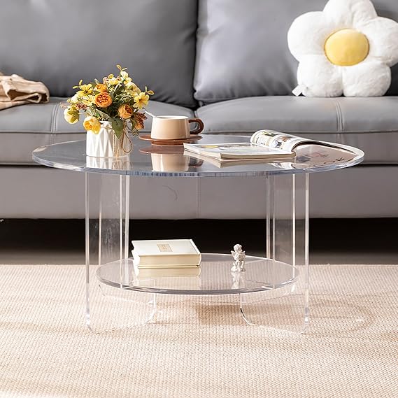 Round Acrylic Coffee Table, Modern Minimalist Center Table with Storage Shelf, 2 Tier Circle Cocktail Table Accent Furniture for Living Room, Home, Office(60cm/24inch, Clear)