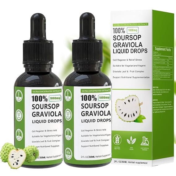 Soursop Graviola Liquid Drop, 100% Organic Pure Soursop Leaves and Fruit Extract, Soursop Bitters Liquid, Soursop Extract Organic Pure 1800mg, Sugar/Gluten Free, Natural Flavor