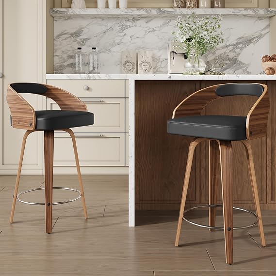 NIOIIKIT Modern Bar Stools Set of 2, PU Leather Upholstered Barstool with Curved Back, Swivel Bar Chair with Wood Legs, Comfy Counter Stools for Kitchen Island (Black-31.5'')