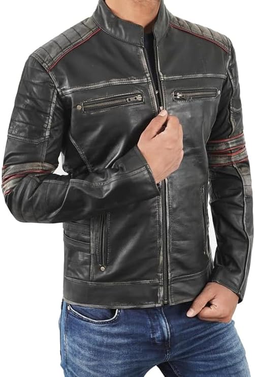 Vintage Cafe Racer Leather Jacket Men Retro Motorcycle Racing Jacket