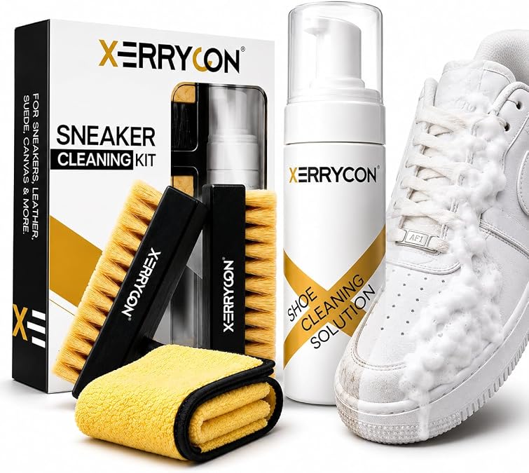 Sneaker Cleaning Kit, Foam Shoe Cleaner with Soft Brush, Stiff Sole Brush & Microfiber Towel, White Shoe Cleaner for Leather, Suede, Canvas, Mesh, Rubber & Synthetic Sneakers