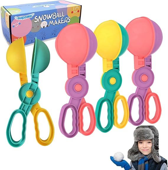 SupMLC Snow Toys, Snowball Maker 4 pcs Winter Snowball Tool Kit with Handle for Snow Ball Shapes Fights Outdoor Winter Toys Snow Ball Clip for Boys Girls Toddler Adults