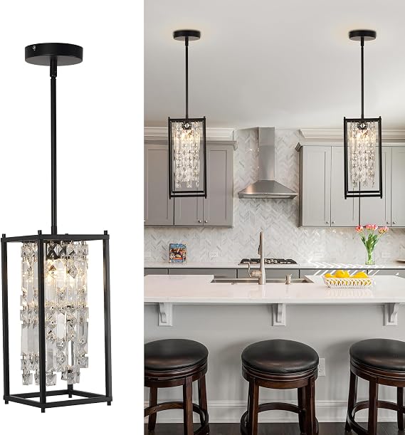 Black Crystal Pendant Light E27 Adjustable Drop | Rectangular Hanging Ceiling Light For Kitchen Islands Dining Tables Stairwells And Entryways Bulbs Not Included