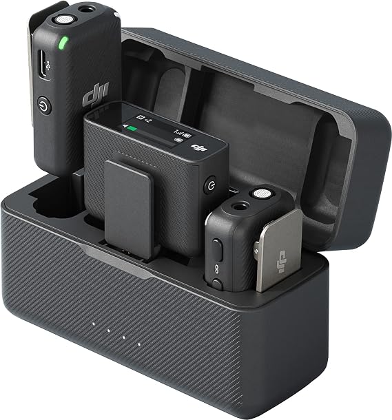 DJI Mic (2 TX + 1 RX + Charging Case), Wireless Lavalier Microphone, 250m (820 ft.) Range, 15-Hour Battery, Noise Cancellation Wireless Microphone for PC, iPhone, Record Interview, YouTube, Black