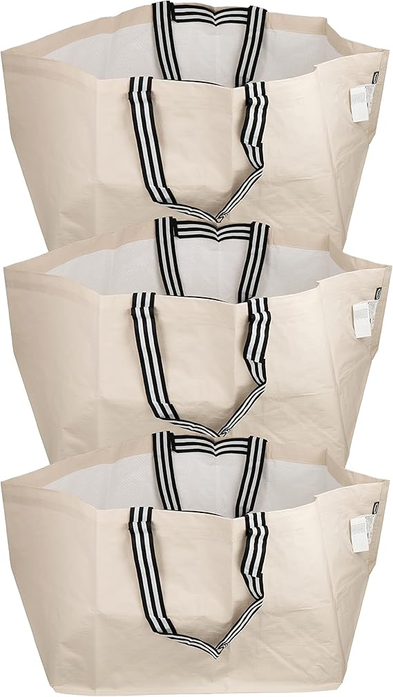 Ikea GORSNYGG Large Reusable Carrier Bag (FRAKTA-Style), Light Beige with Striped Handles, 57x37x39cm, 71L, 205.041.94 - Set of 3, Beige, Large - 71L, FRAKTA
