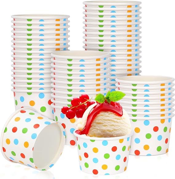 50 Pcs 4-oz Paper Ice Cream Cups Disposable, Small Snack Bowls for Hot or Cold Food, 4 Ounce Party Supplies Treat Cups for Desserts, Sundae, Frozen Yogurt, Condiments (Colored Dots)