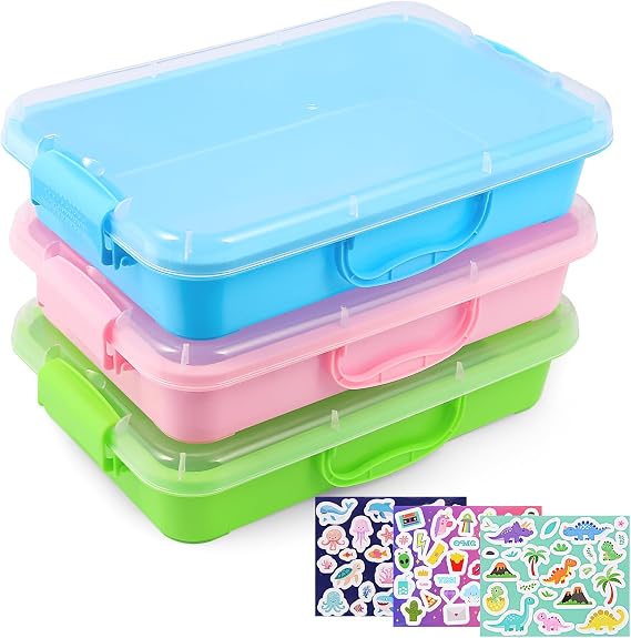 FIIOEOY 3 Pcs Sensory Bin Play Tray with Lid & 3 Stickers, Stackable Plastic Storage Containers, Portable Sandbox Toy, Organizers for Toys, Sand, Arts, Crafts (Blue, Green, Pink)