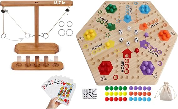 Wooden Wahoo Marble Board Game (20 INCH), Double-Sided, for 2-6 Players, with 24 Marbles and 6 dice. Also Includes Ring Toss, Wooden Hook and Ring Gameand Premium Playing Cards.