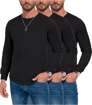 3 Pack Mens Long Sleeve Pure Cotton T-Shirt Crewneck Pocket Tee Longline Casual Lightweight Fall Basic Shirts