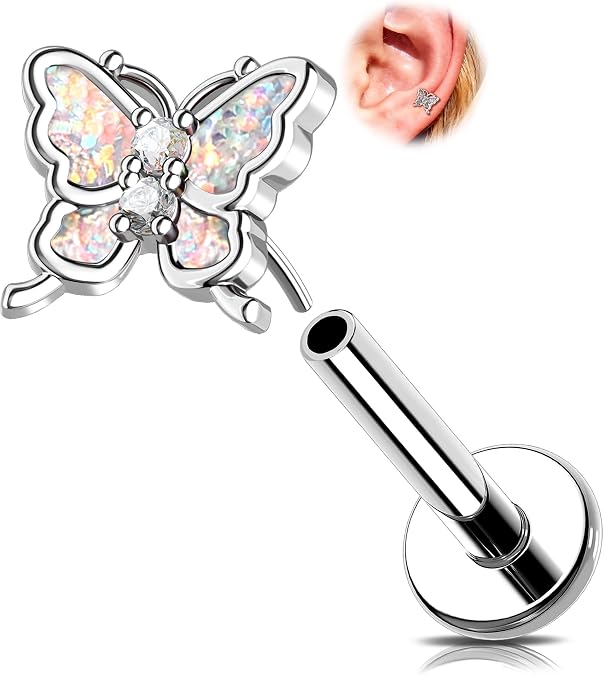 MeIighting 16G Butterlfy Threadless Helix Stud, Stainless Steel 316L Flat Back Earring, Cartilage Piercing Jewelry Clear CZ Lobe Tragus Piercing for Women 6/8 mm