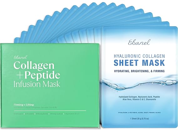 Ebanel Bundle of 20-Pack Collagen Face Mask and 8-Pack Collagen Peptide Infusion Mask