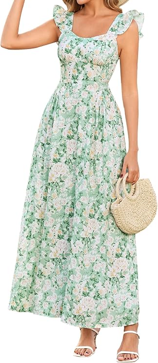 HTZMO Floral Summer Wedding Guest Dress Beach Vacation Maxi Sundress