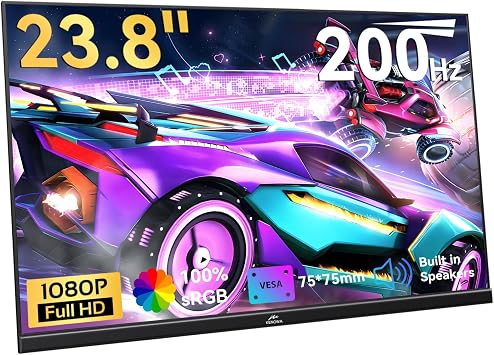Kenowa 23.8" Large Portable Monitor 200Hz, IPS FHD 1080P Freesync External Monitor with USB-C HDMI Gaming Display Dual Speakers Adjustable Stand for PC Laptop Computer Mac Phone Xbox PS4/5