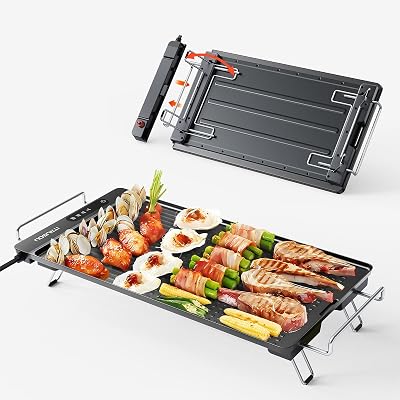 Electric Griddle with Removable Touch Panel, IPX9 Waterproof, Dishwasher-Safe, 1300W Fast Heating in 10S, 18x10 Die-Cast Nonstick Plate, Foldable Design for Family Use 48 People