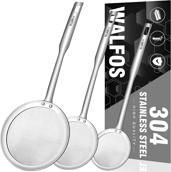 Walfos Fat Skimmer Spoon, Stainless Steel Fat skimmer For Cooking, 3", 4" & 5 inch fine mesh skimmer, Food Strainer Fit For Separation Of The Floating Foam, Fat, Grease, Set of 3