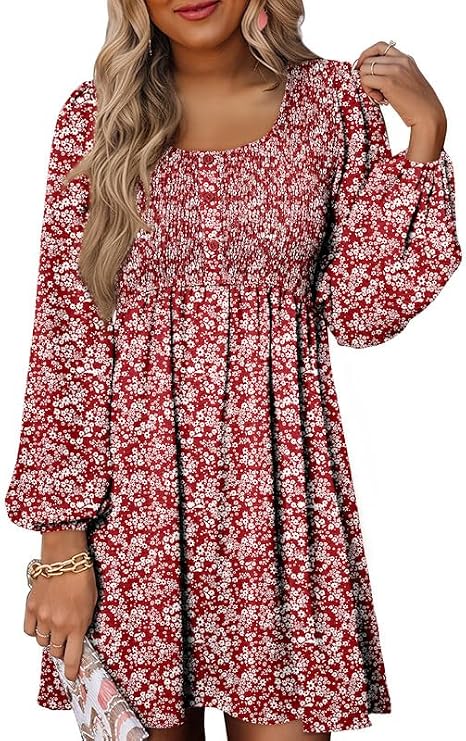 Dokotoo Fall Dresses for Women 2026 Casual Long Sleeve Mini Dress | Smocked Crewneck, Button Up, Empire Waist, A-Line Hem, Baby Doll, Solid Color, Floral Pattern