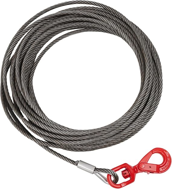 Winch Cable, 7/16" X 75' Carbon Steel Wire Winch Rope with Swivel Hook, Self Locking Towing Wrecker Roll Back 2,469lbs Working Load Limit for Lifting, Rigging, Towing (Red)