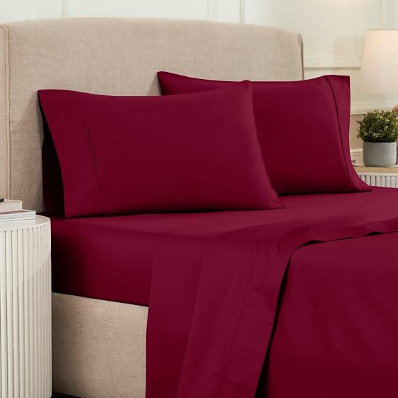 SUPERIOR 1200 Thread Count Egyptian Cotton Sheet Set, Bedroom Sheets, Modern Home Essentials, Luxury Bedding, 1 Elastic Deep Pocket Fitted Bed Sheet, 1 Flat Sheet, 2 Pillowcases, Full, Burgundy