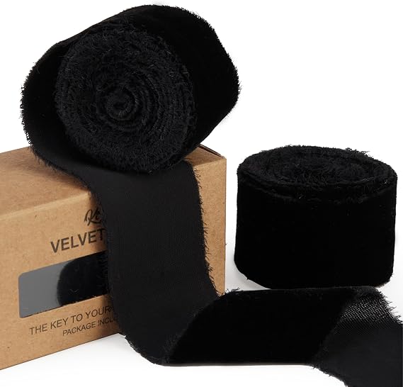 Keypan Black Velvet Ribbon for Halloween with Fringe, 1.5 in x 3 yd