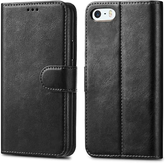 GAPlus iPhone SE 5 5S Case Premium Leather Flip Wallet Case Cover Pouch For iPhone SE 5 / 5S and Screen Protector With Polishing Cloth And Stylus (Black)