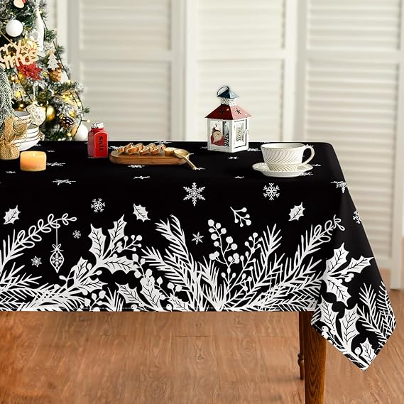 Horaldaily Christmas Tablecloth 60 x 84 Inch Rectangular Floral Leaf Black