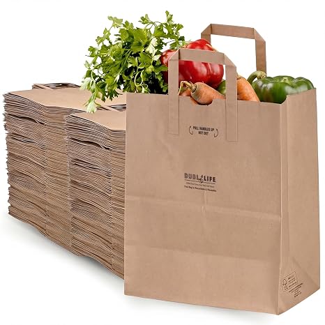 DURO 18072 70# Brown Grocery Bags with Handles, 12 x 7 x 14 In, 100 Ct | Large Brown Shopping Bags with Handles | Heavy Duty Paper Grocery Bags for Recycling, Retail & Groceries