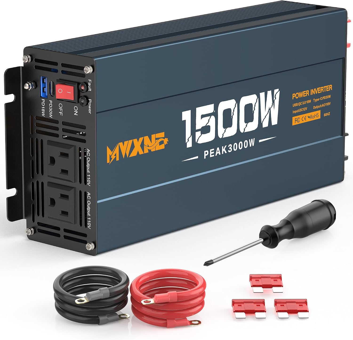 1500W Power Inverter, 12V DC to 120V AC Converter with Dual AC Outlets,QC3.0 18W USB and 30W Type-C, Car Inverter for Truck RV Home - Navy BlueBlack