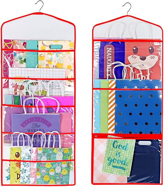 Gift Bag and Tissue Paper Storage, Hanging Organizer with Multiple Front and Back Pockets Double Sided, Organize Gift Wrap and Paper Bags 38 x 16 Inch Red