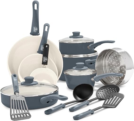 GreenLife 16 Piece Ceramic Nonstick Pots & Pans Cookware Set, Gray