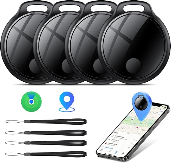 Air Tracker Tags-4 Pack: Smart Bluetooth Tracker, Compatible with Apple Find My APP (iOS Only) Replaceable Battery, IP67 Waterproof, Suitable for Luggage, Wallets, Backpacks, Obsidian Black