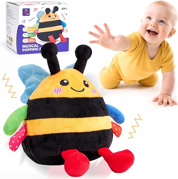 hahaland Musical Tummy Time Bouncing Plush Bee Crawling Toy for 6 Month