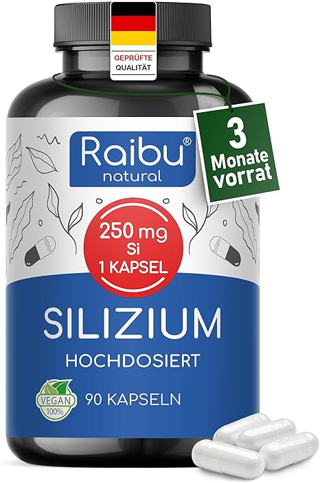 Raibu Silizium Kapseln hochdosiert - 667mg organisches Silica hochdosiert aus Bambusextrakt - 90 Kapseln für 3 Monate - Ohne Zusätze in Deutschland produziert Vegan