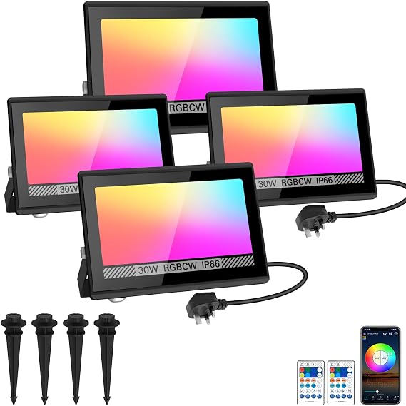NATPOW 30W Flood Lights LED, Disco Lights RGB Smart Colour Changing 4Pack [Energy Class F]