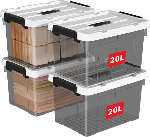 Cetomo 20L*4 Storage Boxes, Carry Plastic Storage Box with Lids, Organizing Container with Handle and Secure Latching Buckles, Stackable, Nestable, Tote Bin for Home Clothes, 20L-4Pack, Clear Black