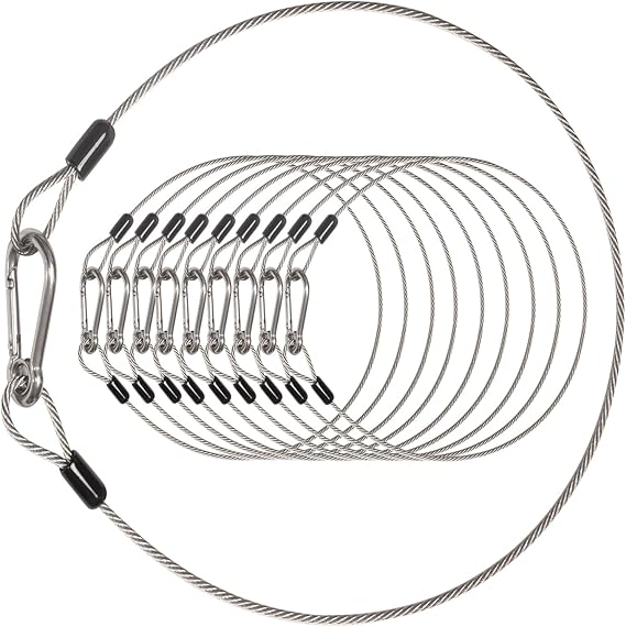 10 Pack Stage Light Safety Cables for Stage DJ Party Lights Thickened 1/8 Diameter Stainless Steel Security Cable Wire Ropes with Loops and Snap Hook, Max Load 150LB