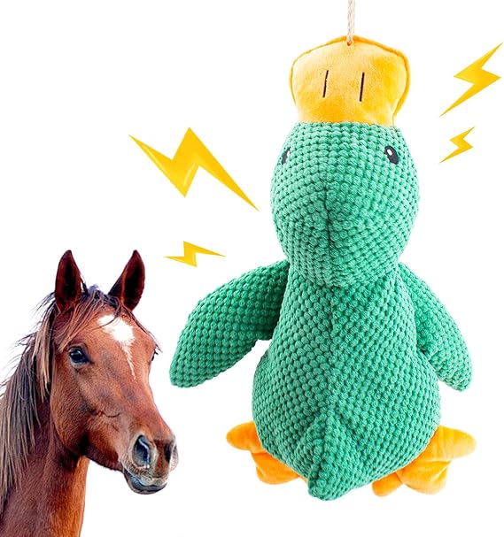 Horse Toys Squeaky Squeeze Plush Duck, Interactive Squeaky Duck Toy for Horses to Play with, Hanging Plush Enrichment Toys for Horses Goat to Prevent Boredom-Green