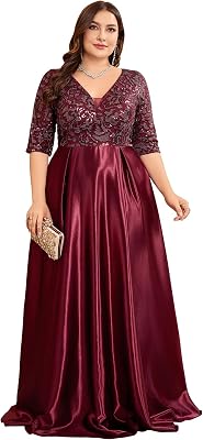 Plus Size Satin Evening Gowns Women Formal for Prom Party OR Wedding Long Sleeves V-Neck Mother of The Bride Dress