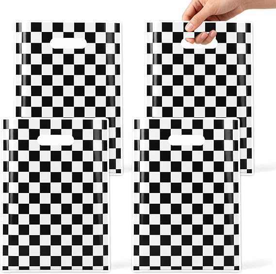 Race Car Party Favor Bags, 50Pcs Black and White Checkered Goodie Bags Bulk, Plastic Candy Cookie Snack Treat Gift Bag with Handles for Racing Car Theme Birthday Party Favor Supplies Decorations
