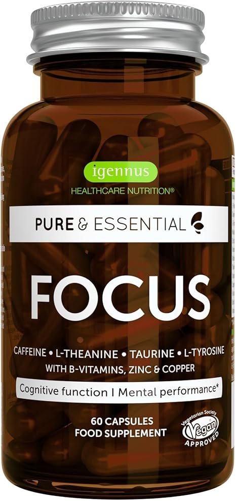 Igennus Focus Brain Booster with Caffeine L-Theanine Taurine L-Tyrosine Plus B Vitamins Zinc & Copper Improved Cognitive Function & Mental Performance 60 Capsules