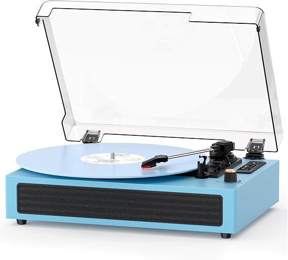 Bluetooth Turntable Vinyl Record Player, 3-Speed Record Player with Built-in Speakers,USB Recording, AUX in Auto Stop, Belt-Drive LP Player Blue