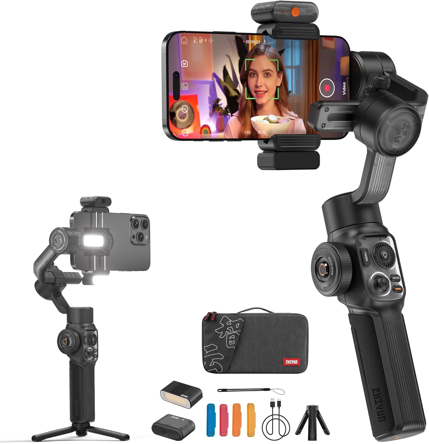 ZHIYUN Smooth-5S AI Pro [Resmi] AI Akıllı Telefon Gımbal, Gımbal Sabitleyici 3 Eksenli, Cep Telefonu Gımbal, Tripodlu, Cep Telefonu Sabitleyici, Vlog, YouTube, TikTok için