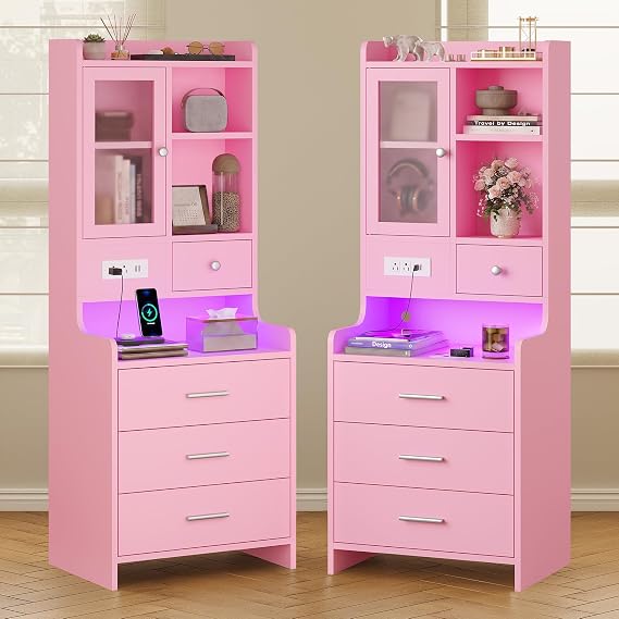 ADORNEVE Pink Night Stand Set of 2 with Drawers