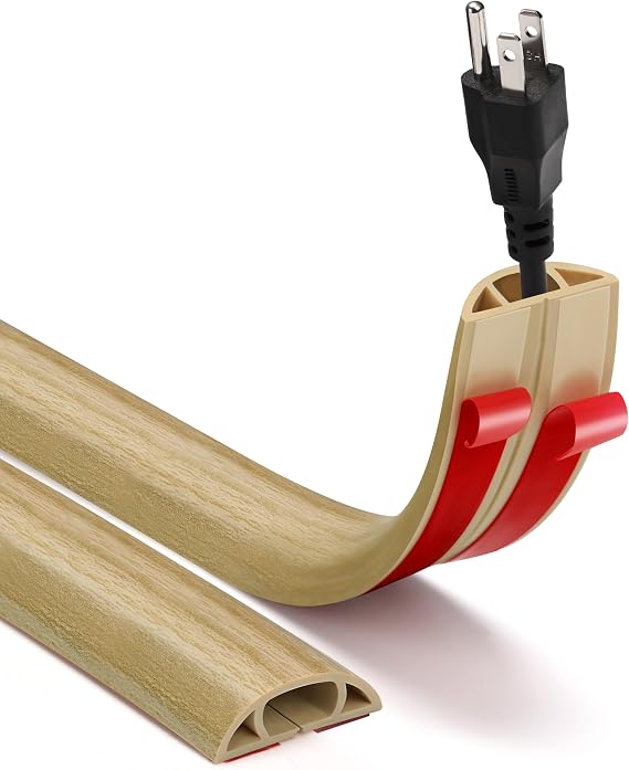 Floor Cord Cover, 3.6FT Self-Adhesive Cable Protector for Wires, Prevent Trip Hazards, Cord Covers for Wires on Floor, Easy Cord Hider for Home & Office, White Maple Wood, 0.47" W x 0.28" H