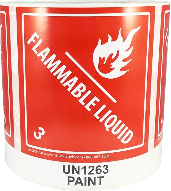 Hazard Class 3 D.O.T. UN1263 Paint Flammable Liquid Labels, 4 x 4 3/4 Inch Square Red and White Hazmat Stickers, 500 Total Adhesive Labels on a Roll Made in the USA