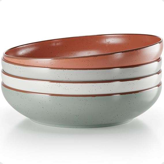 Ceramic Pasta Bowls Set of 4, Large 30 oz, Stackable, Blates Dinnerware | Thick Durable Ceramic, 4 Colors, Safe for Oven, Microwave & Dishwasher, 30 oz Capacity, Stackable, Deep Plate with Lid Edge