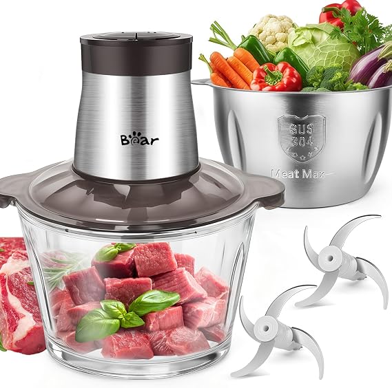 Bear Electric Food Processor & Chopper, 2L+1.8L, 600W, Brown | glass & 304 stainless steel bowls, 2 speeds, 4 steel blades, chops meat, baby food, fruit, vegetables