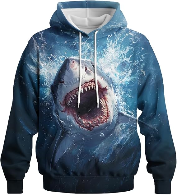 Novelty Shark Hoodies Sweatshirt Personality 3D Graphic Printed Pullover for Men Women